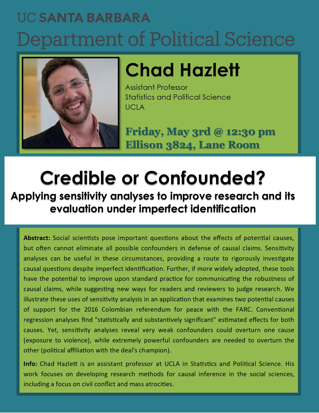 Guest Speaker: Credible or Confounded?  Applying sensitivity analyses to improve research and its evaluation under imperfect identification Event Image